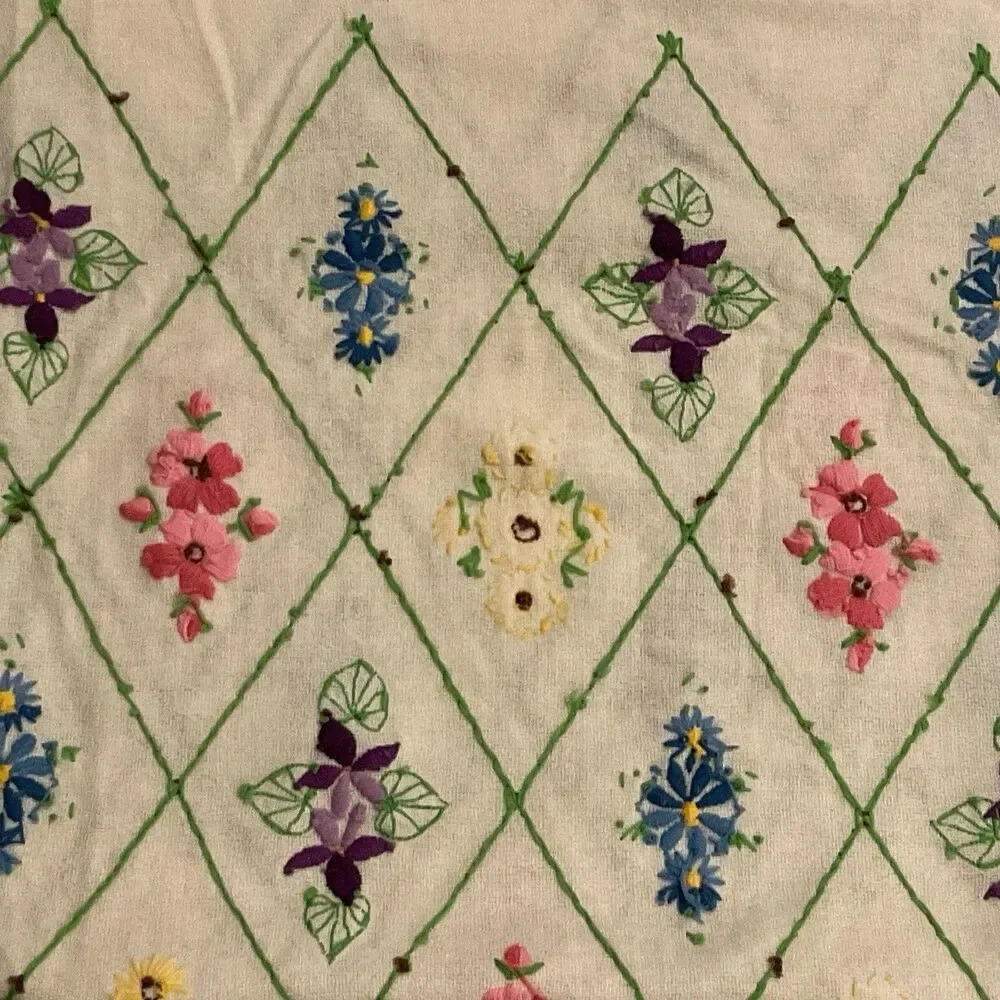 Vintage Handmade Throw Crewel Embroidered Cottage Granny Wool 54 X 66 MCM